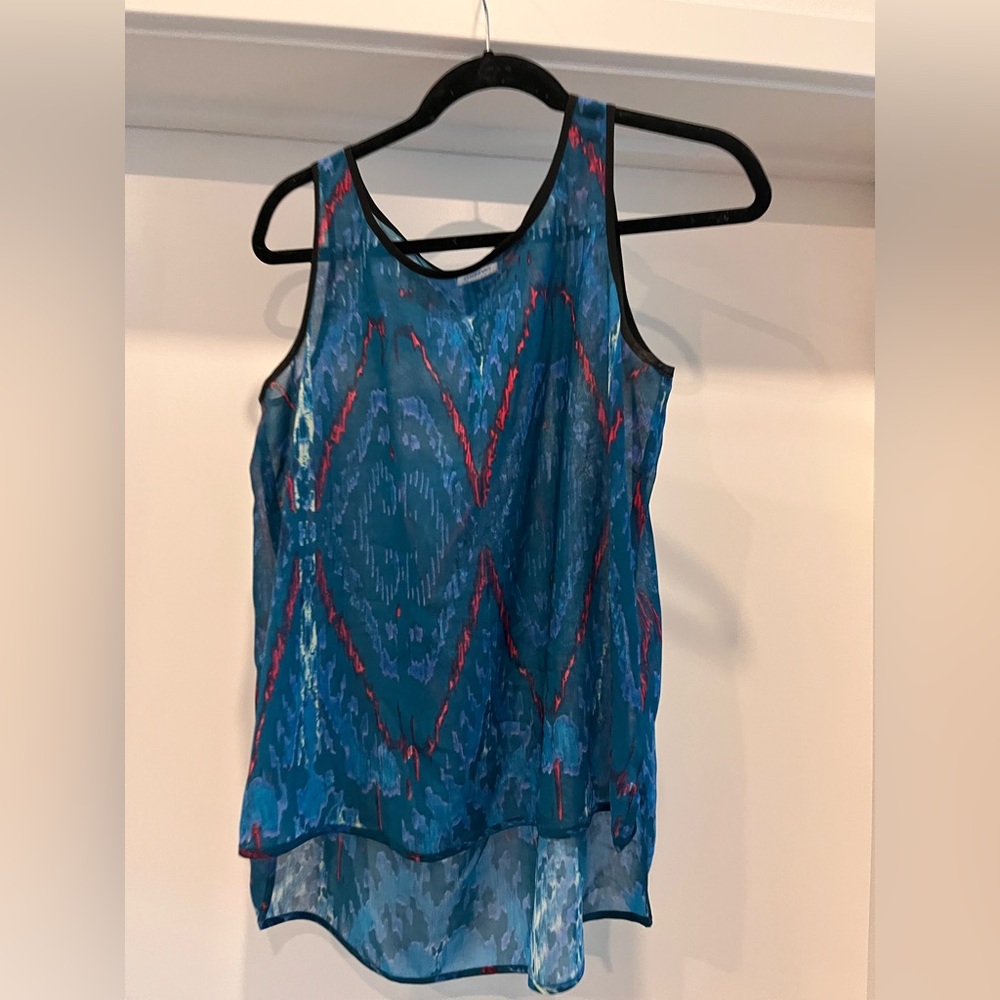 DKNYC Vibrant Blue and Red Patterned Sheer Top